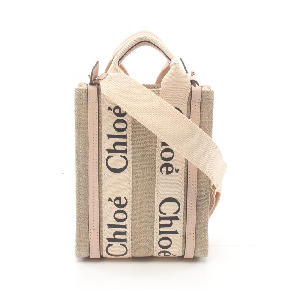 Chloe WOODY North South Tote Bag Canvas Leather Beige Pink - Picture 1 of 4